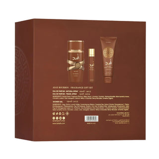 Lattafa Asad Bourbon 3pcs Gift Set box with fragrance notes and product details of perfume, travel perfume and shower gel