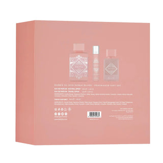 Lattafa Badee Al Oud Noble Blush 3pcs Gift Set box with fragrance notes and product details includes perfume, travel size perfume and hair mist