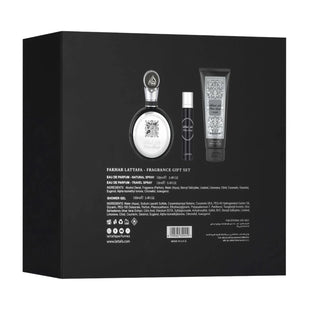 Lattafa Fakhar 3pcs Gift Set box with fragrance notes and product details of perfume, travel perfume and shower gel