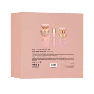 Lattafa Haya 3pcs Gift Set box with fragrance notes includes 100ml spray, 12ml travel spray and hair spray details
