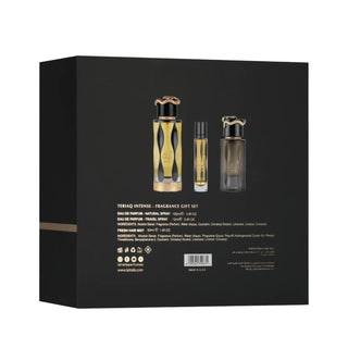 Lattafa Teriaq Intense 3pcs Gift Set box with fragrance notes, perfume, travel size perfume and hair mist product details