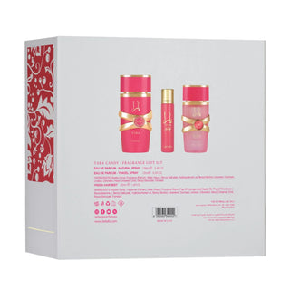 Lattafa Yara Candy 3pcs Gift Set box with fragrance notes and product details perfume, travel size perfume and hair mist