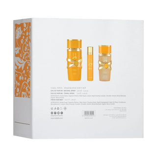 Lattafa Yara Tous 3pcs Gift Set box with fragrance notes and product details of perfume, travel size perfume and hair mist